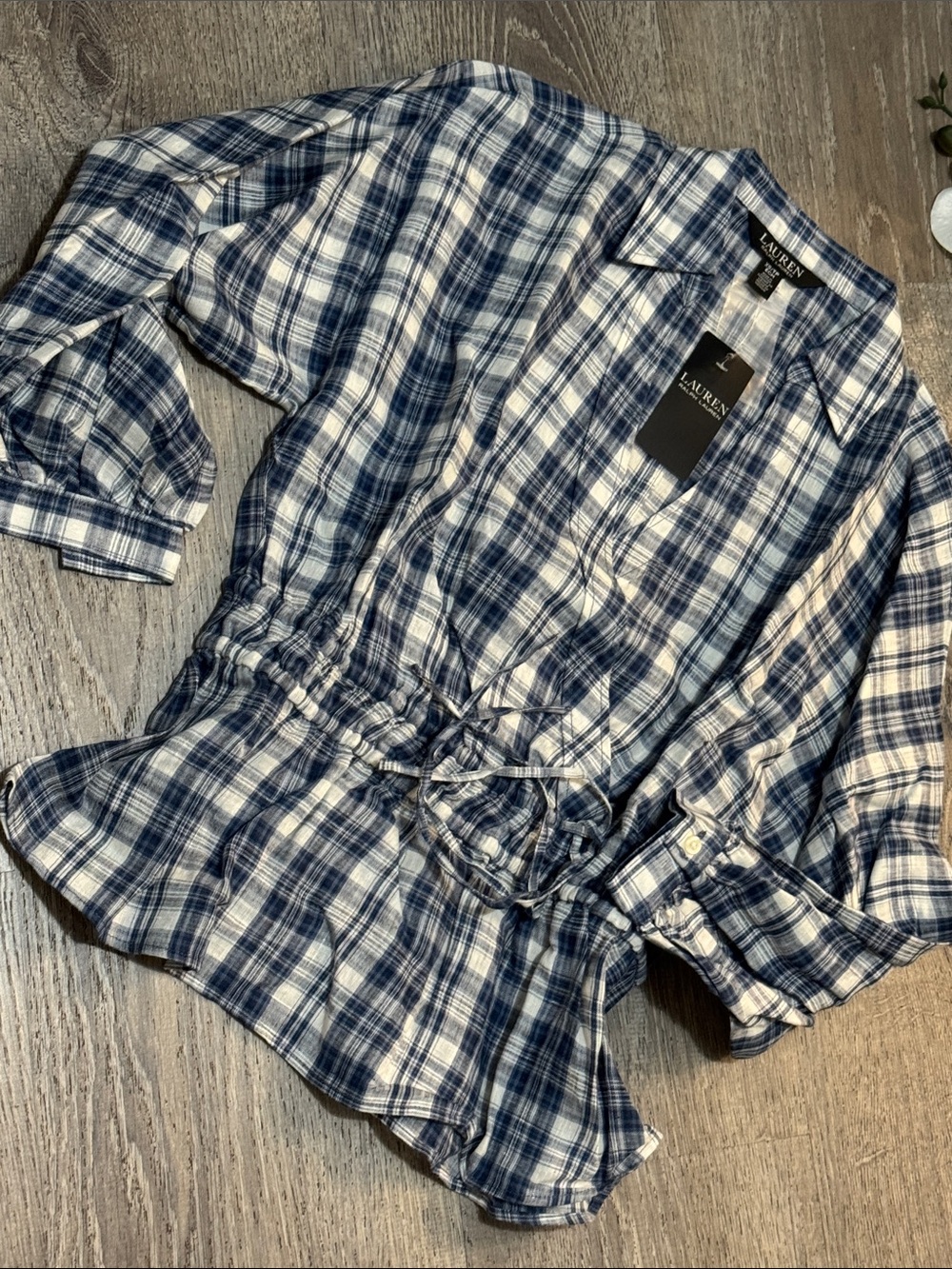 Lauren Ralph Lauren Blue and White Plaid Button-Down Drawstring Shirt